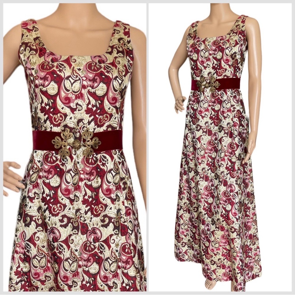 Vintage Gino Charles Brocade Metallic Maxi Dress with Velvet Belt XS Small